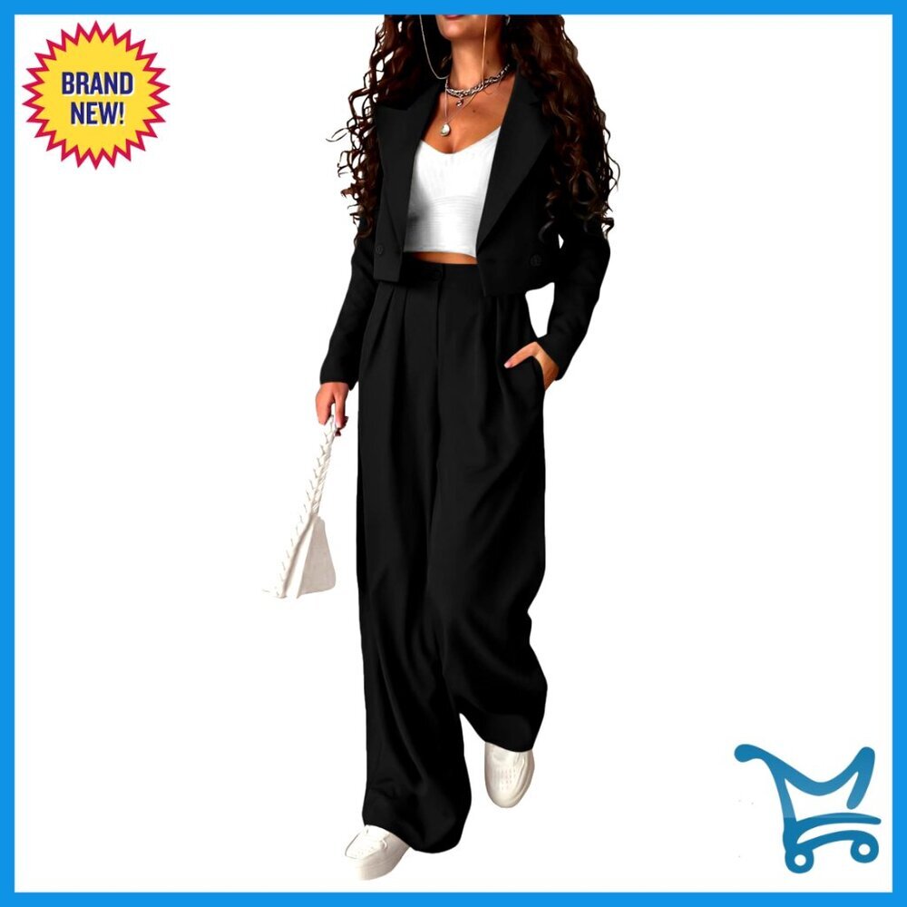 Cropped Blazer Wide Leg Pants Suit Set Business Casual Work Outfit